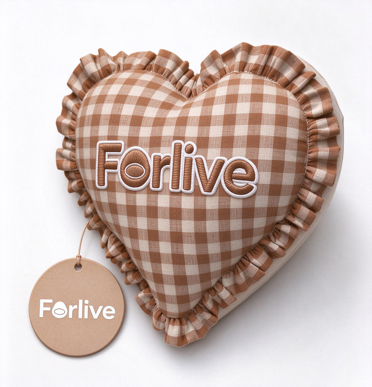 Forlive Heart Shape Throw Pillow, Brown Gingham Ruffled Decorative Cushion for Sofa Bed Farmhouse Home Decoration