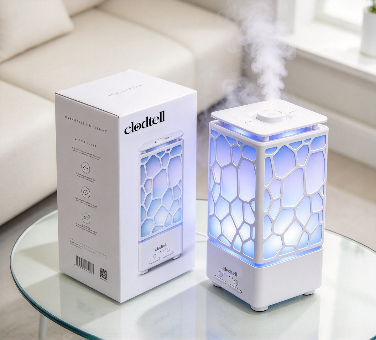 clodtell Ultrasonic Cool Mist Humidifier, Color Changing LED Night Light, 2 Mist Modes, Waterless Auto Shut-Off, Hollow Geometric Desktop Humidifier for Bedroom Home Office
