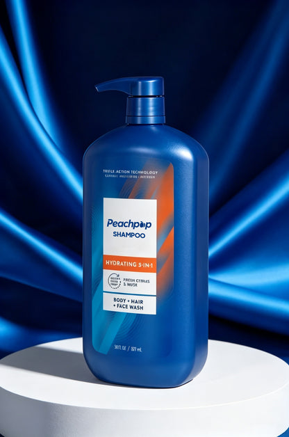 Peachpop Hydrating Shampoo, Hair Body Face Wash for Men, Fresh Citrus & Moss Scent, Large 30 Fl Oz Multi Use Cleanser for Daily Shower