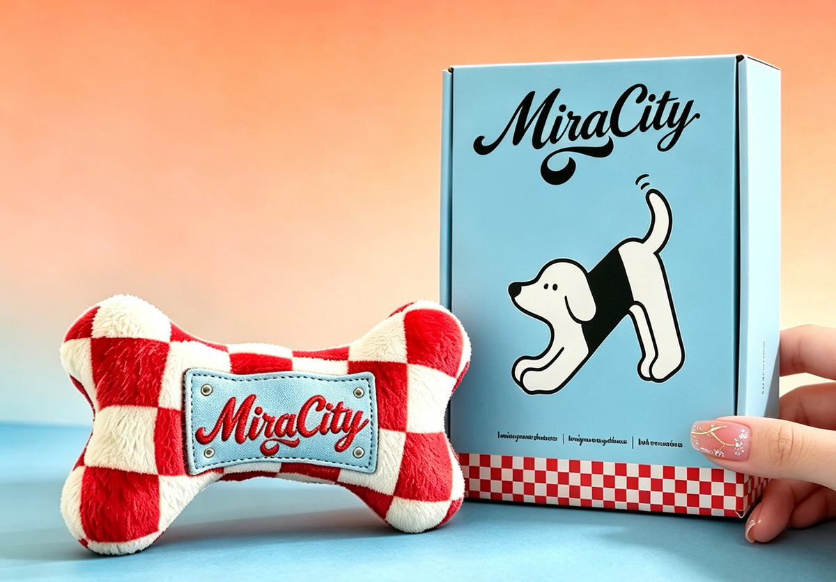 MiraCity Plush Bone Dog Toy, Red White Checkered Squeaky Dog Toy, Cute Stuffed Bone Chew Toy for Puppy Small Medium Dogs, Gift Box Packaging