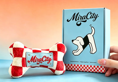 MiraCity Plush Bone Dog Toy, Red White Checkered Squeaky Dog Toy, Cute Stuffed Bone Chew Toy for Puppy Small Medium Dogs, Gift Box Packaging