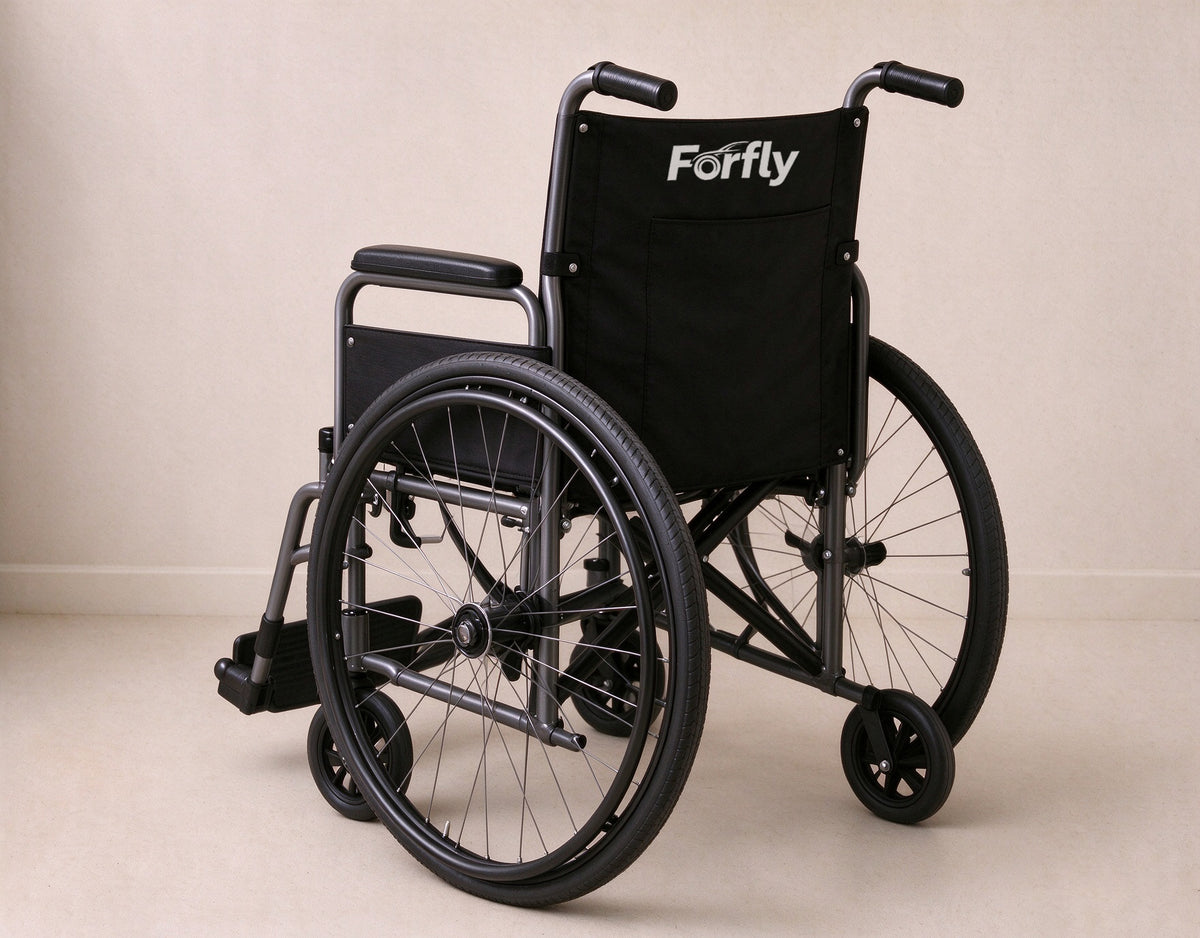 Forfly Folding Manual Wheelchair, Lightweight Steel Transport Wheelchair with Swing-Away Footrests, Portable Self-Propelled Wheel Chair for Elderly & Disabled, Black