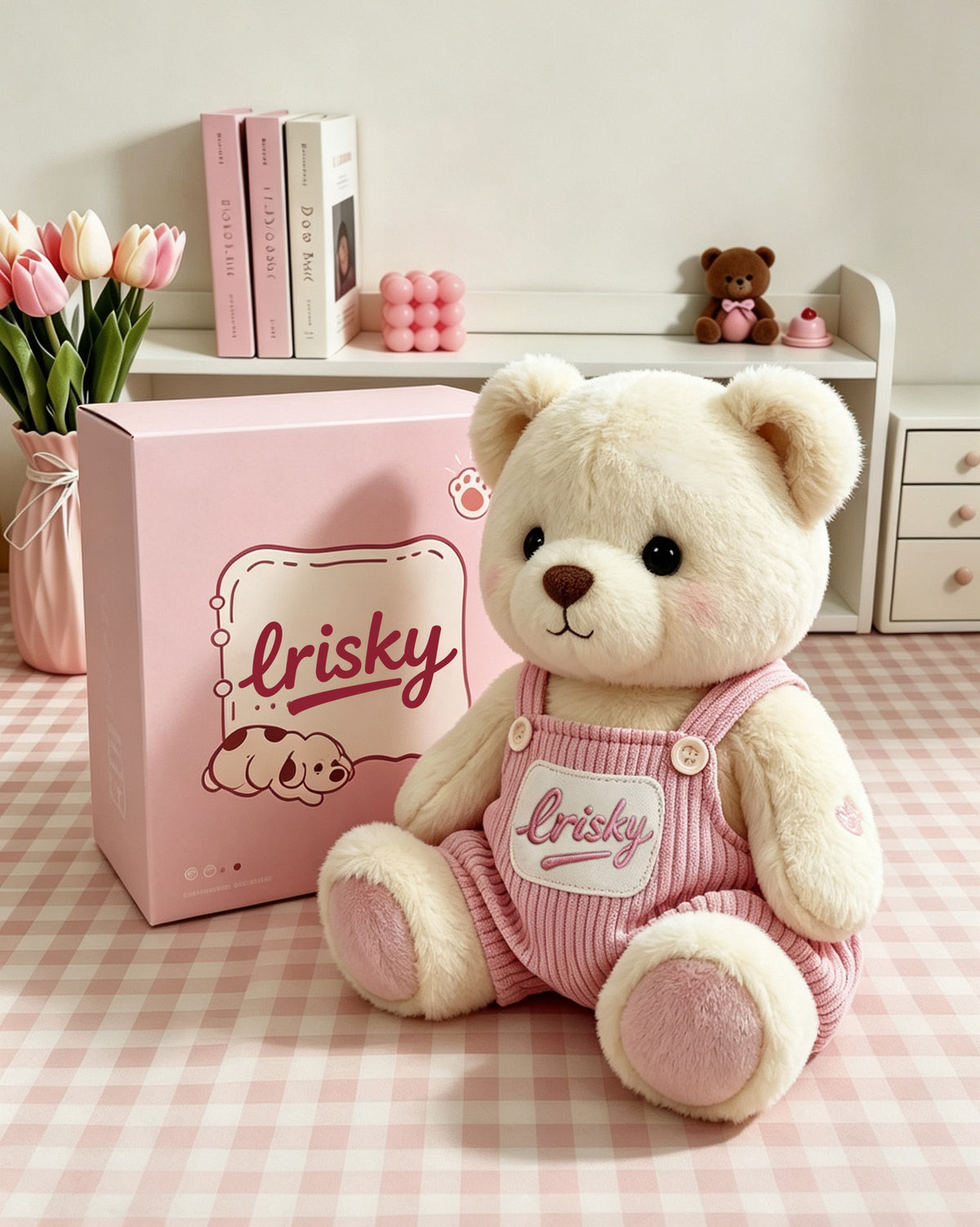 lrisky cute teddy bear plush doll with gift box, soft stuffed animal bear wearing pink overalls, birthday gift for girls & kids