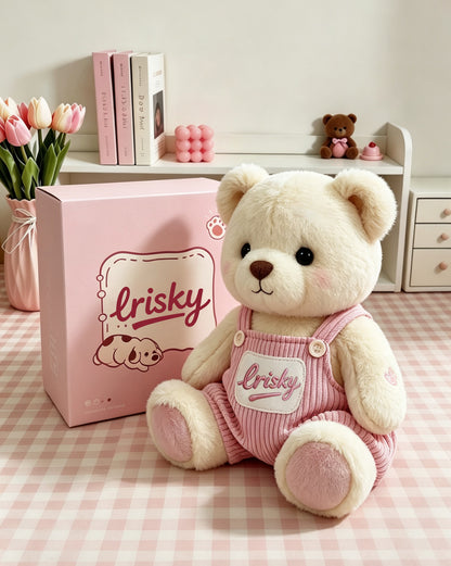 lrisky cute teddy bear plush doll with gift box, soft stuffed animal bear wearing pink overalls, birthday gift for girls & kids