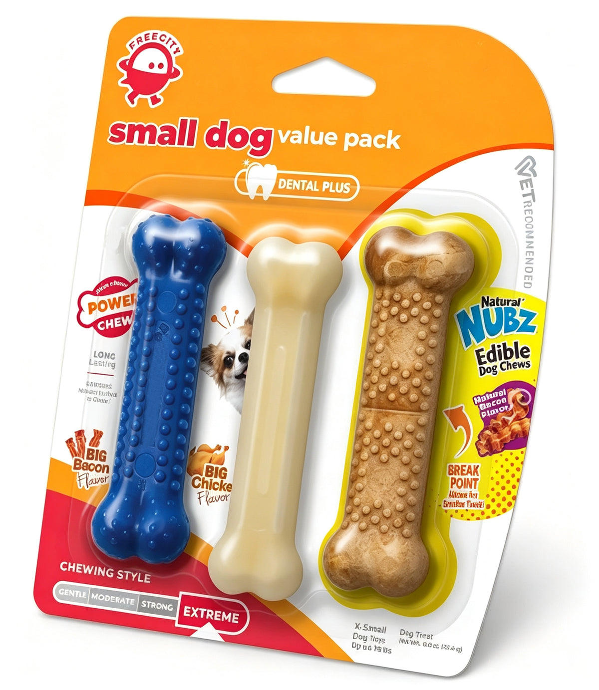 FREECITY Pet Toys, 3 Pack Small Dog Chew Toys Value Pack, Bone Shape Nylon & Edible Dog Chews, Bacon & Chicken Flavor, for Puppies & Small Dogs Up to 15 Lbs, Dental Cleaning Teething Toys