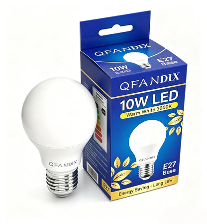 QFANDIX 10W LED Light Bulb, E27 Base, 3000K Warm White, Energy Saving A60 LED Bulbs, Long Lifespan for Home Lighting