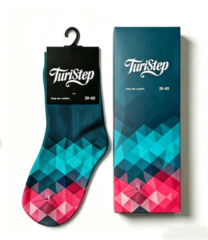 TuriStep Fashion Crew Socks for Men Women, Colorful Gradient Geometric Triangle Pattern Casual Mid Calf Socks, Gift Box Packed Novelty Dress Socks