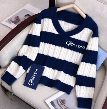 Glitterose Women's V Neck Cable Knit Sweater, Navy White Striped Long Sleeve Pullover Casual Loose Fit Jumper for Fall Winter