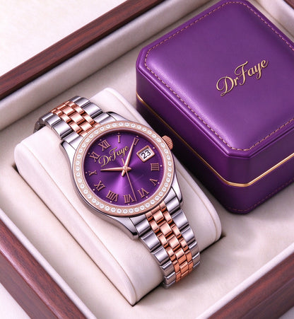 DrFaye Women's Quartz Watch, Two-Tone Stainless Steel Bracelet Wrist Watch with Purple Dial, Crystal Bezel and Date Window, Elegant Dress Watch for Ladies Gift