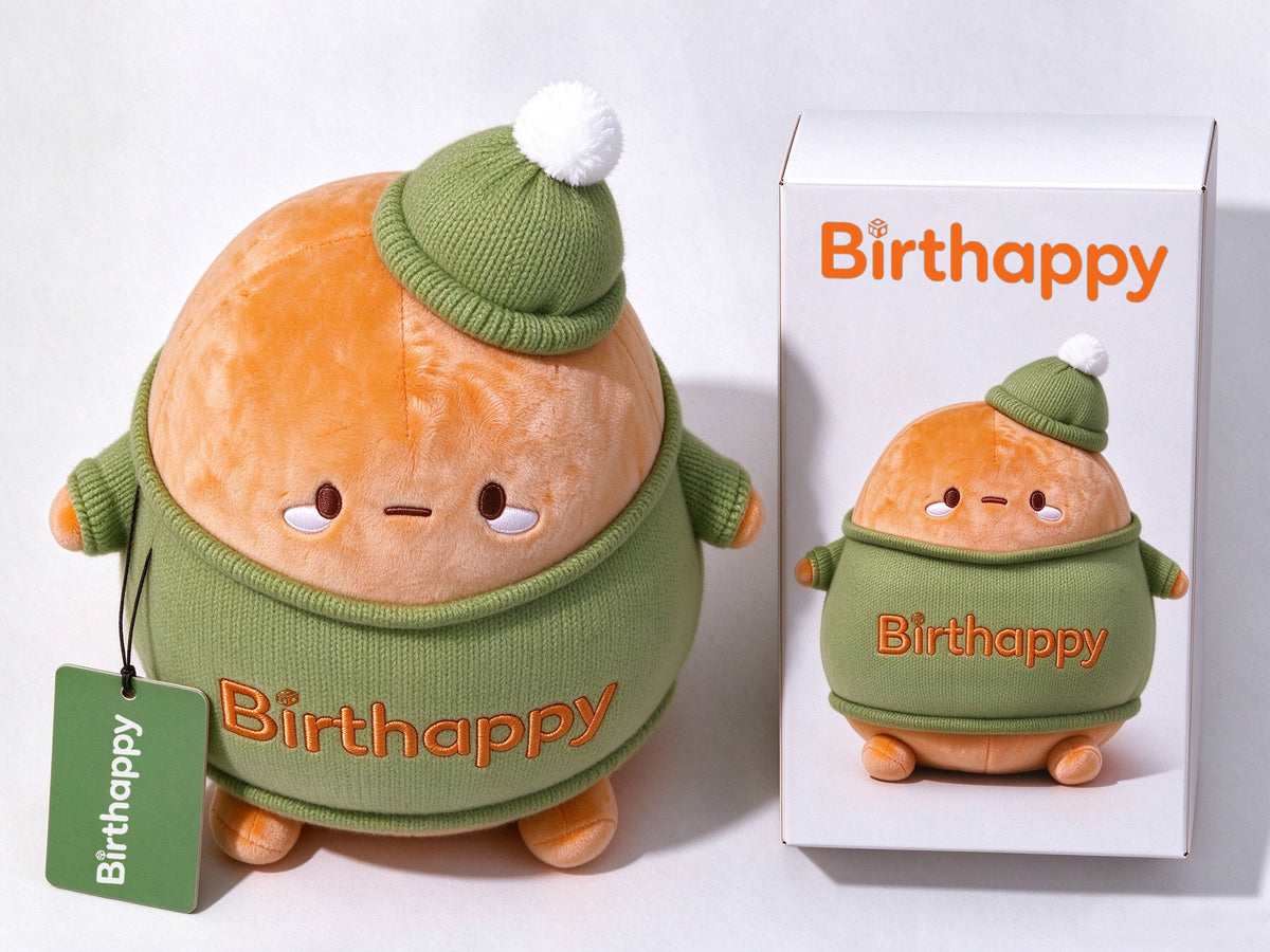Birthappy Cute Round Plush Toy, Soft Stuffed Animal Doll with Knitted Sweater & Pom Pom Beanie, Gift Box Packaging for Birthday Christmas