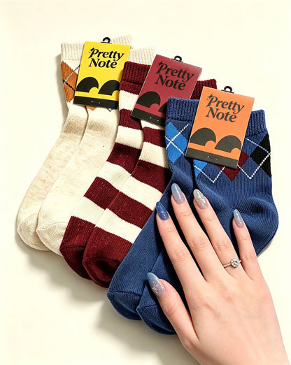 Pretty Note Women's Vintage Mid Calf Socks, 3 Pairs Retro Argyle & Striped Knit Crew Socks, Casual Preppy Style Cotton Socks for Daily Wear