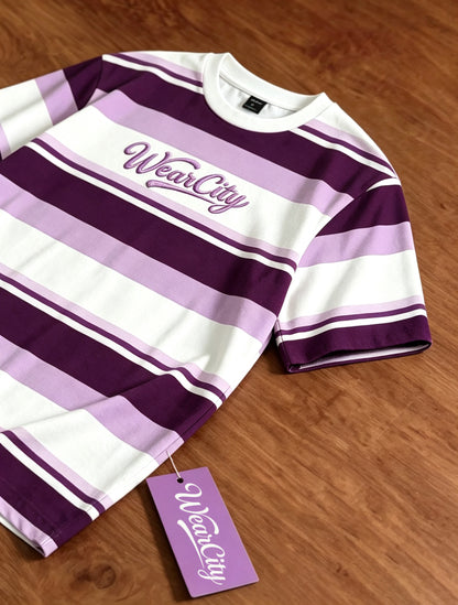 WearCity Striped Short Sleeve T-Shirt, Men Women Crew Neck Tee with Embroidery Letter, Casual Loose Fit Color Block Stripe T Shirt for Summer Daily Wear