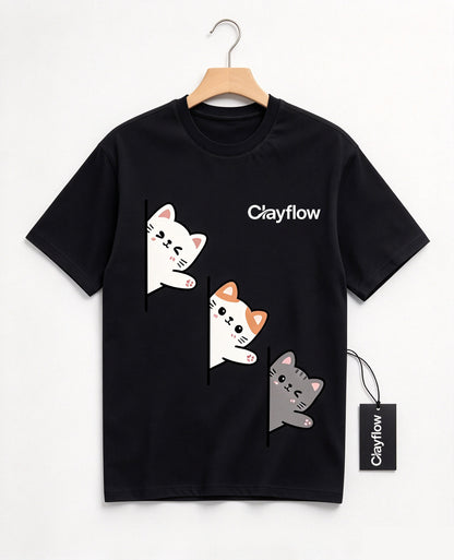 Clayflow Cute Peeking Cats Graphic T-Shirt, Casual Short Sleeve Crew Neck Tee, Funny Cartoon Kitten Print Shirt for Men Women