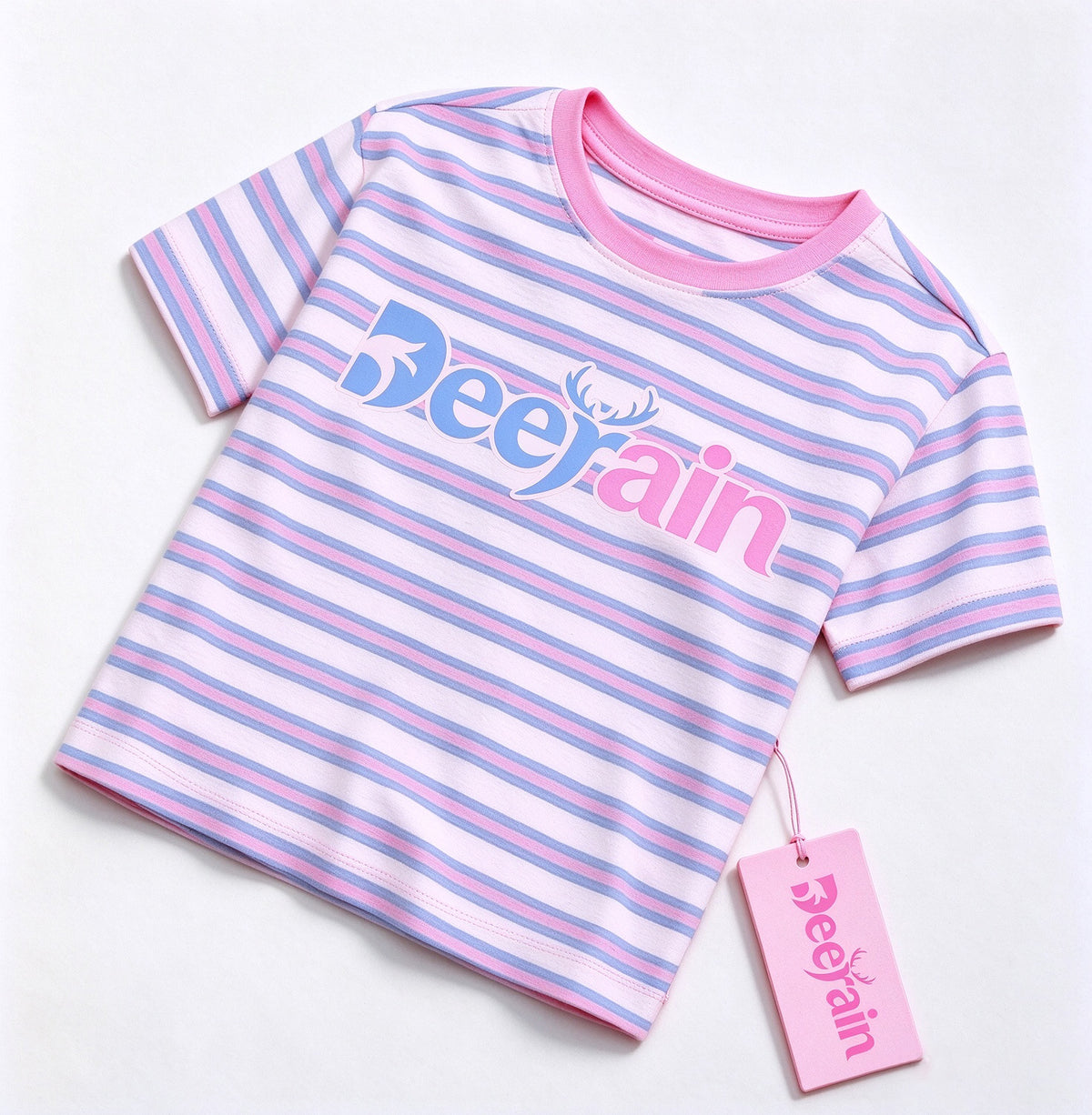 Deerain Kids Short Sleeve T-Shirt, Pink Blue White Striped Crew Neck Crop Top, Letter Print Casual Tee for Girls