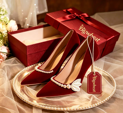 Bigwheat Women's Red Velvet High Heels, Pointed Toe Pearl Embroidery Flower Pumps, Stiletto Heel Bridal Wedding Shoes for Party Banquet