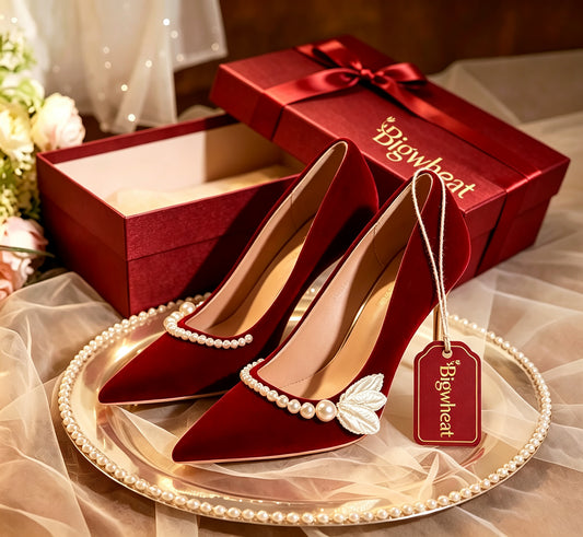 Bigwheat Women's Red Velvet High Heels, Pointed Toe Pearl Embroidery Flower Pumps, Stiletto Heel Bridal Wedding Shoes for Party Banquet