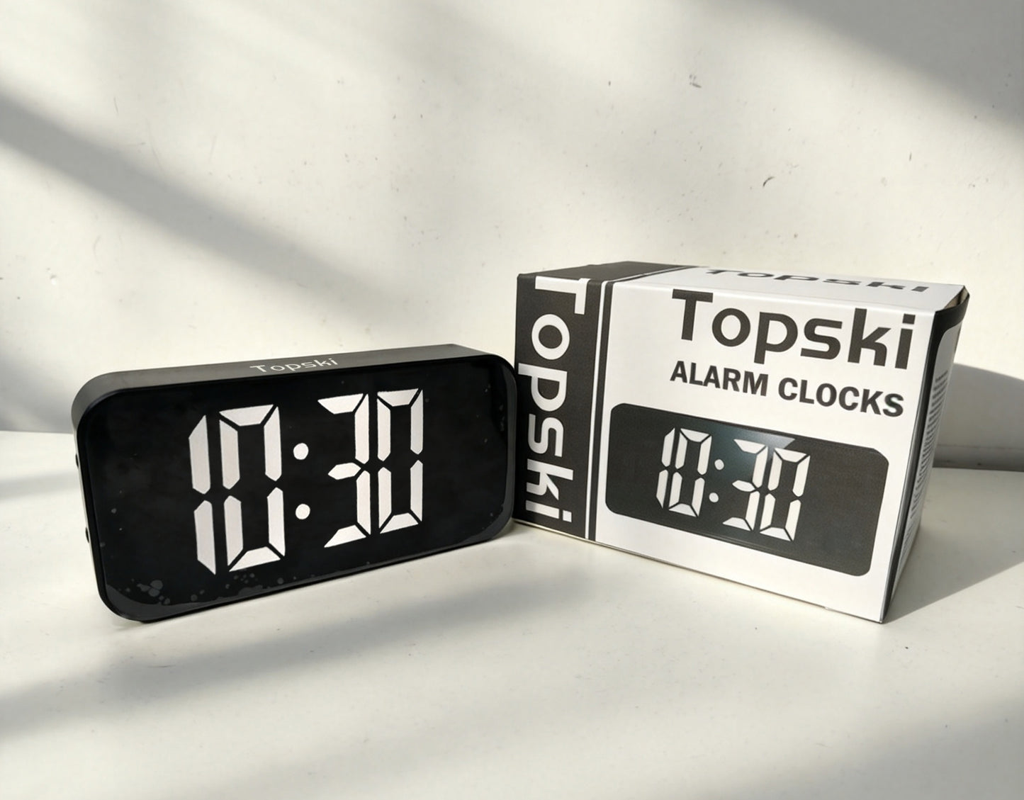 Topski Digital Alarm Clock, Large LED Mirror Display Bedside Clock with Adjustable Brightness, Snooze Function, Dual Power Supply Electronic Clock for Bedroom, Desk, Office, Kids Adults