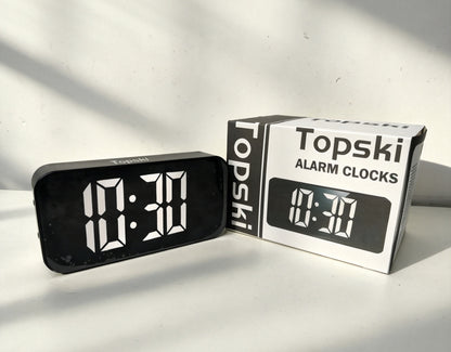 Topski Digital Alarm Clock, Large LED Mirror Display Bedside Clock with Adjustable Brightness, Snooze Function, Dual Power Supply Electronic Clock for Bedroom, Desk, Office, Kids Adults