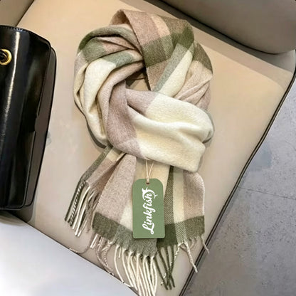 Linkfish Women Plaid Scarf, Soft Thick Tassel Shawl Wrap, Classic Green Beige Check Scarves, Large Warm Blanket Scarf for Fall Winter, Fashion Ladies Neck Scarf