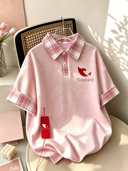 Tidebird Women's Short Sleeve Polo Shirt, Plaid Collar Cuff Design, Loose Casual Oversized T-Shirt, Cute Bird Logo Print Summer Tops for Girls