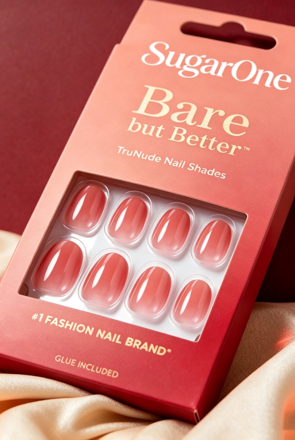 SugarOne Short Oval False Nails, TruNude Gradient Glossy False Nails for Women, Reusable Full Cover Stick on False Nails, Manicure Kit with Nail Glue Included