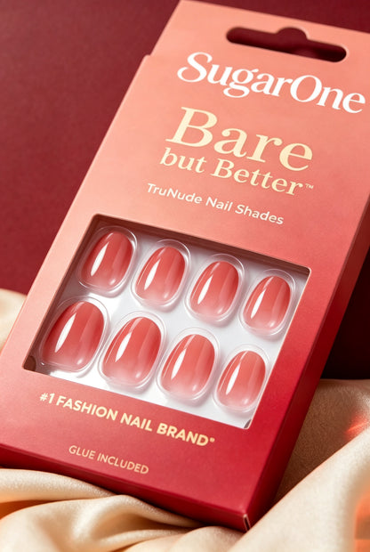 SugarOne Short Oval False Nails, TruNude Gradient Glossy False Nails for Women, Reusable Full Cover Stick on False Nails, Manicure Kit with Nail Glue Included