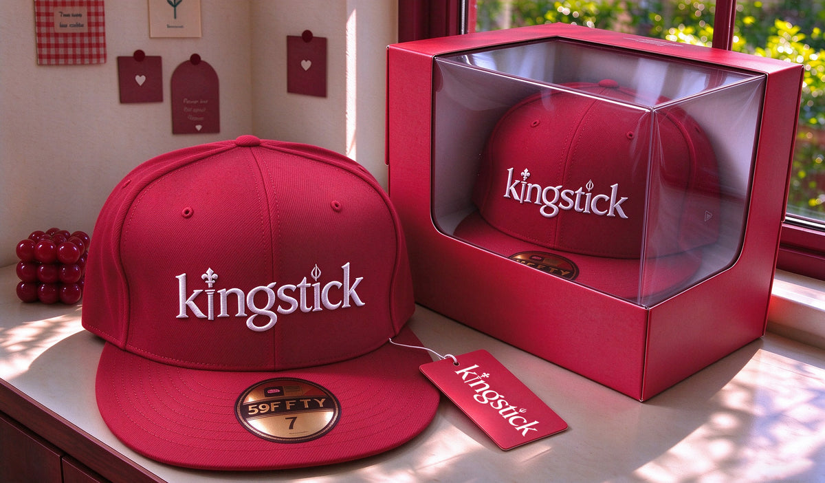 Kingstick Flat Brim Snapback Hat, Red Embroidered Baseball Cap, Classic Solid Color Flat Bill Cap for Men Women Daily Wear, Gift Box Included