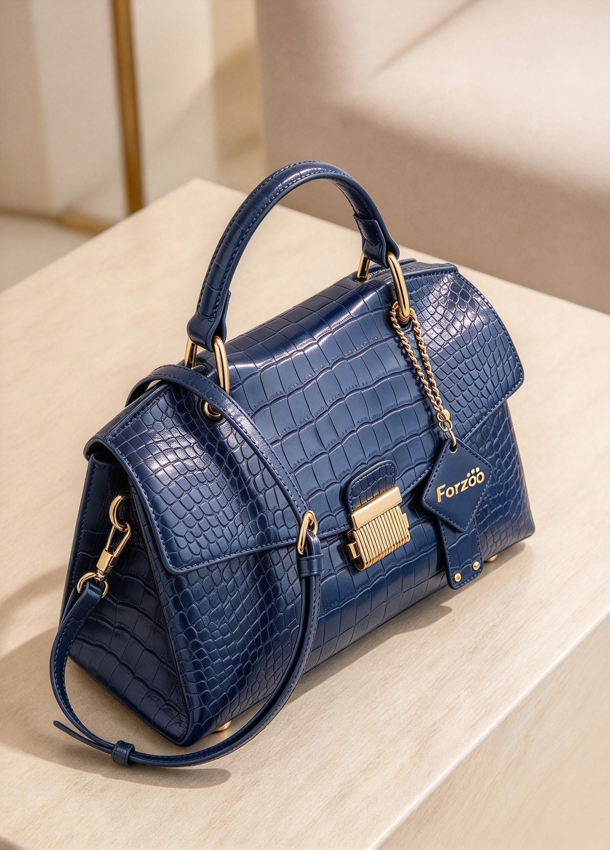 Forzoo Ladies' Handbags, Crocodile Pattern Top Handle Satchel, Elegant PU Leather Shoulder Crossbody Bag with Detachable Strap, Classic Flap Lock Purse for Daily Work Party