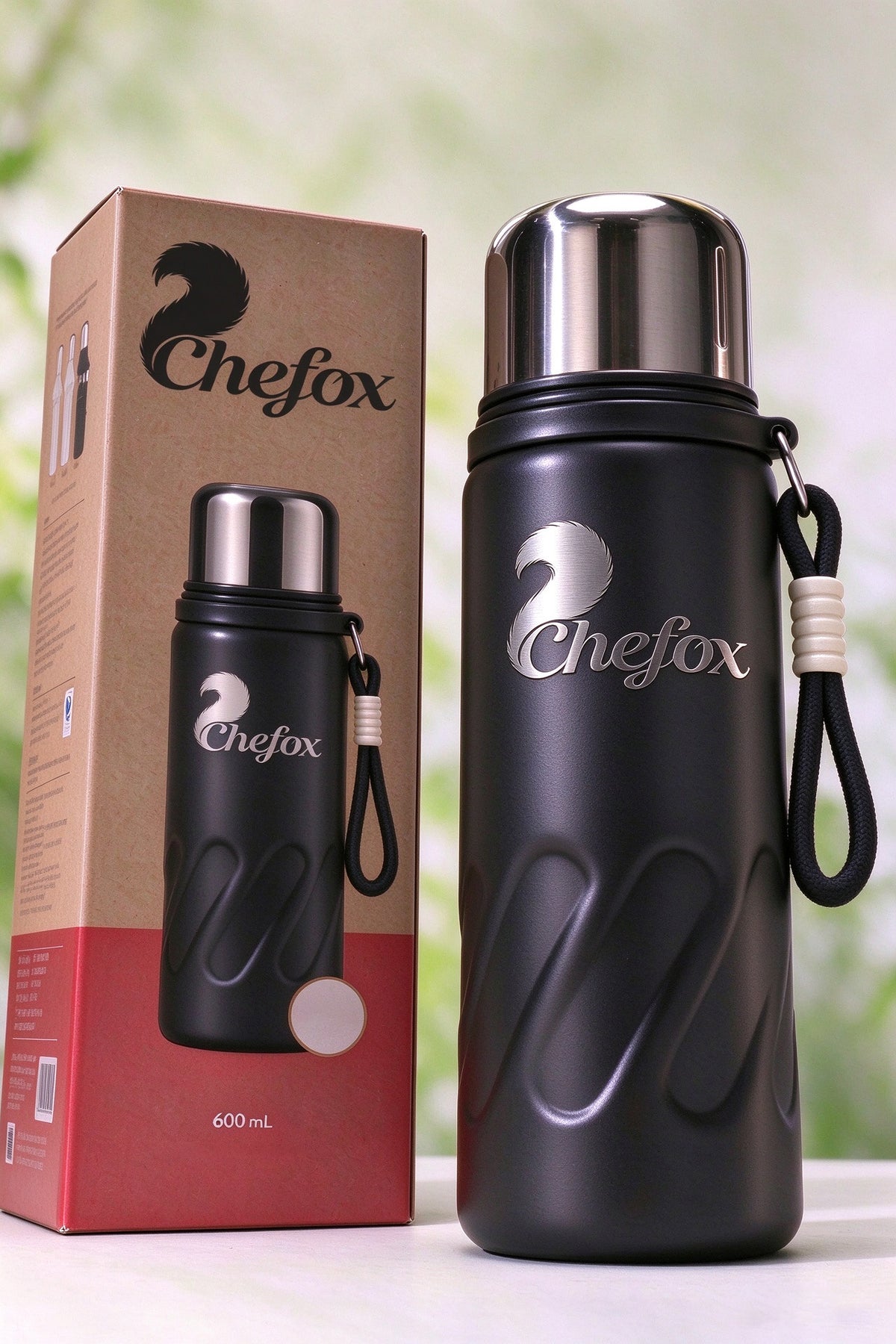 Chefox 600ml Stainless Steel Vacuum Insulated Mugs, Leak Proof Travel Thermos with Carry Strap, Double Wall Reusable Thermal Flask for Outdoor Camping Hiking