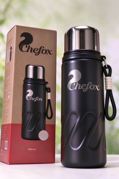 Chefox 600ml Stainless Steel Vacuum Insulated Mugs, Leak Proof Travel Thermos with Carry Strap, Double Wall Reusable Thermal Flask for Outdoor Camping Hiking