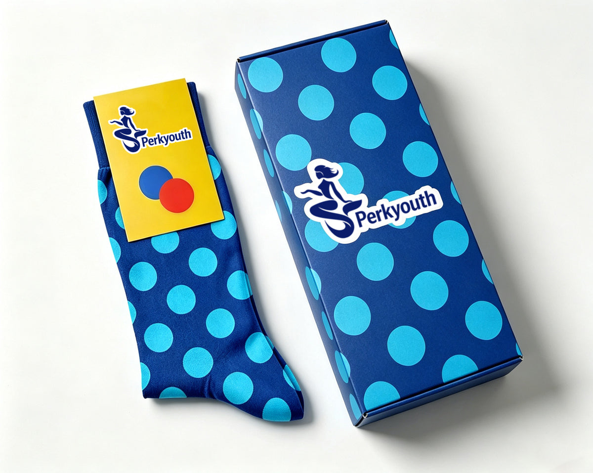 Perkyouth Polka Dot Crew Socks, Blue Base with Light Blue Dots Fashion Casual Cotton Socks, Gift Box Packed Trendy Socks for Men Women