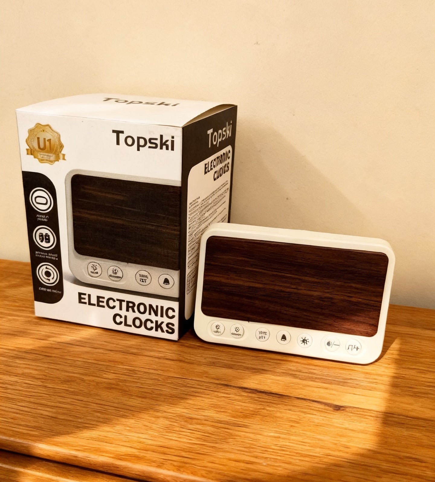 Topski Wooden Texture Electronic clocks, Adjustable LED Brightness Snooze Alarm Clock with USB Charging Port, Dual Power Supply Bedroom Bedside Electronic Clock for Students, Office Workers, Home Decor
