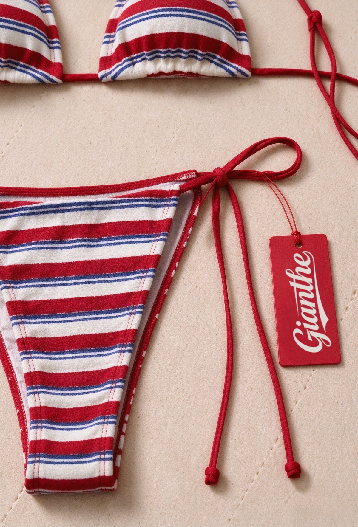 Gianthe Women's Triangle Bikini Set, Red White Blue Striped Tie Side Swimsuit, Two Piece Split Bathing Suit for Beach