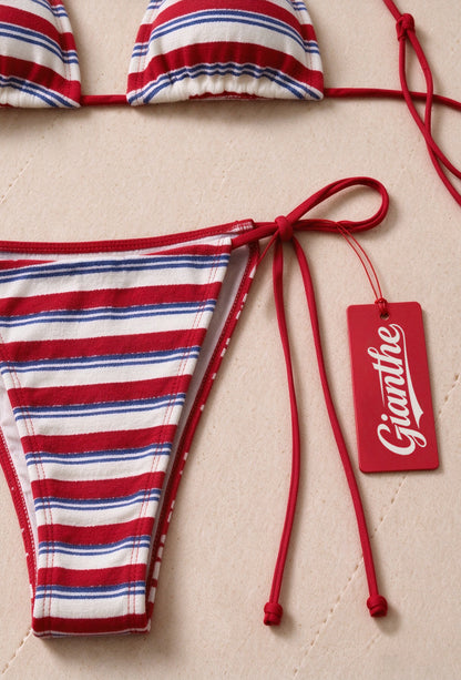 Gianthe Women's Triangle Bikini Set, Red White Blue Striped Tie Side Swimsuit, Two Piece Split Bathing Suit for Beach
