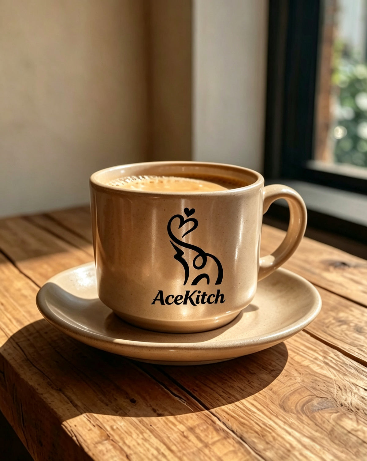 AceKitch Ceramic Coffee Mug with Saucer Set, Speckled Beige Espresso Cup, Stylish Latte Tea Cup for Home Kitchen Office, Ideal Gift for Coffee Lovers