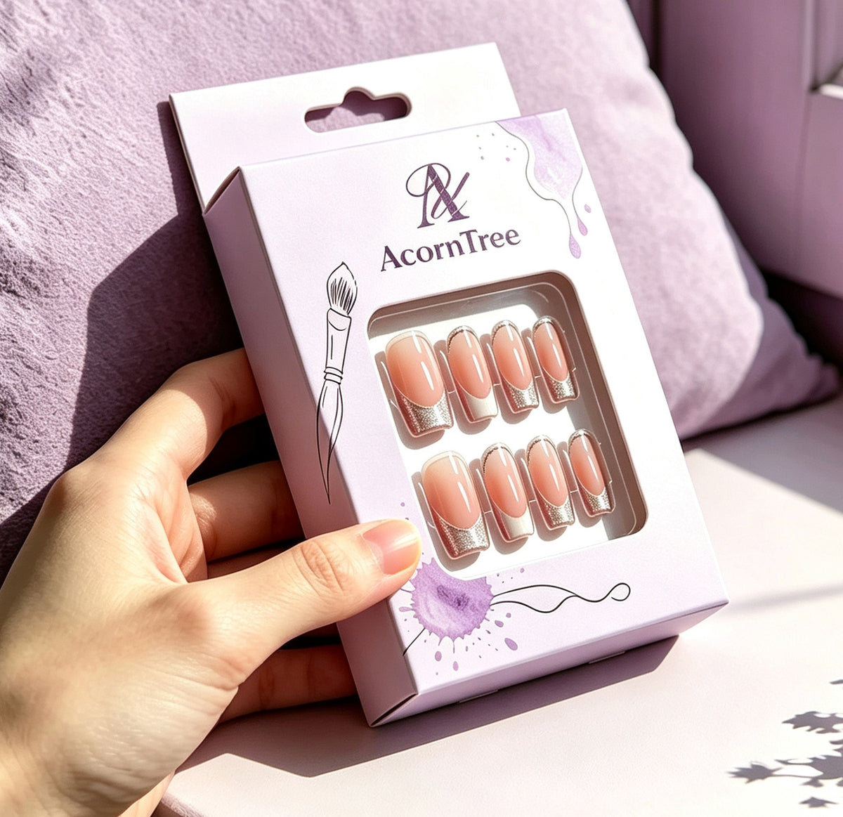 AcornTree Nude Glitter French Press On Nails, Medium Coffin Fake Nails, Reusable Stick On Nail for Women Daily Party Wear