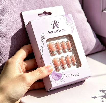 AcornTree Nude Glitter French Press On Nails, Medium Coffin Fake Nails, Reusable Stick On Nail for Women Daily Party Wear