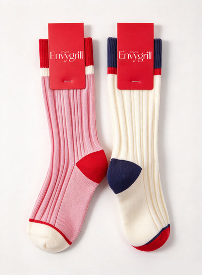 Envygrill Women's Color Block Crew Socks, Vertical Ribbed Casual Mid Calf Socks, Soft Preppy Style Fashion Socks for Daily Wear 2 Pairs
