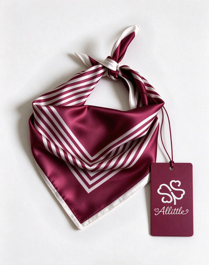 Allittle Satin Neck Scarf for Women, Burgundy White Striped Decorative Bandana, Retro Square Neckerchief for Outfit Accessory