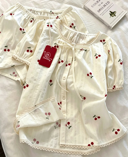 Slowsay Women’s Short Sleeve Sleepwear Set, Sweet Cherry Print Sleepwear with Lace Trim, Front Button Down Bow Loose 2 Piece Pajama Set