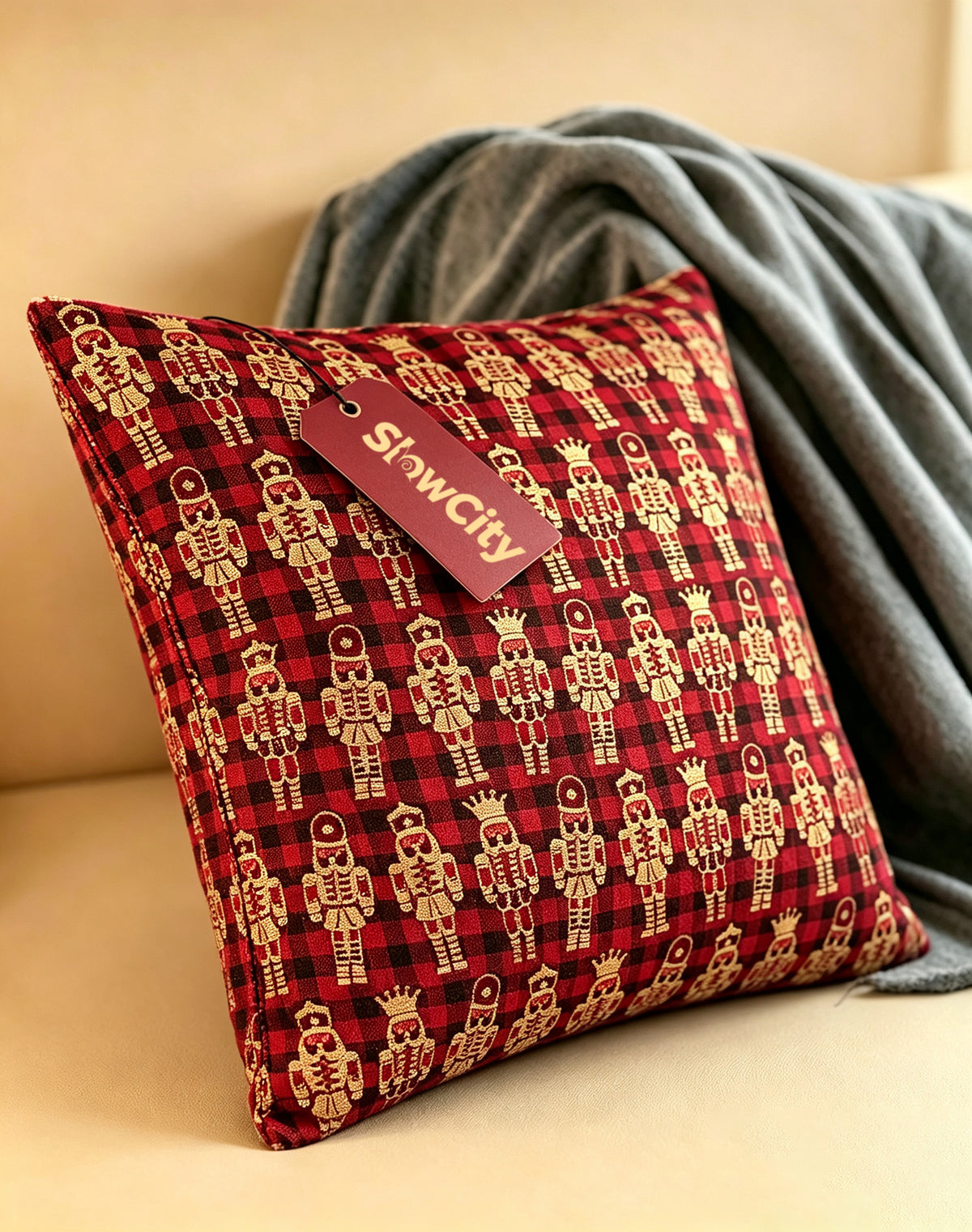 SlowCity Christmas Nutcracker Throw Pillow, Red Buffalo Plaid Square Decorative Pillow, Woven Jacquard Cushion for Sofa Couch Home Holiday Decoration