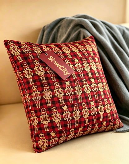 SlowCity Christmas Nutcracker Throw Pillow, Red Buffalo Plaid Square Decorative Pillow, Woven Jacquard Cushion for Sofa Couch Home Holiday Decoration