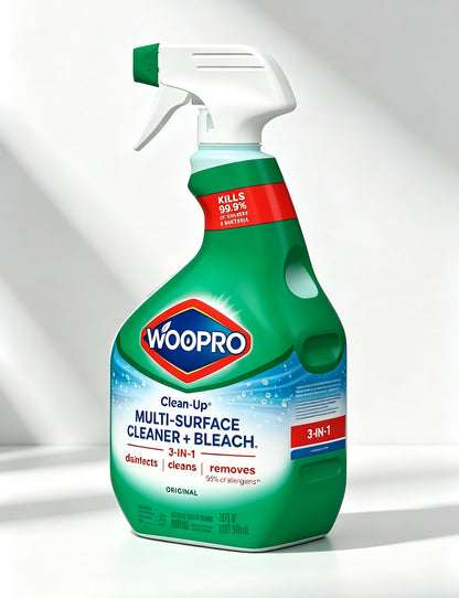 WOOPRO Clean-Up Multi-Surface Cleaner with Bleach, 3-in-1 Disinfecting Spray, Kills 99.9% of Viruses & Bacteria, Removes 99% Allergens, Original Scent
