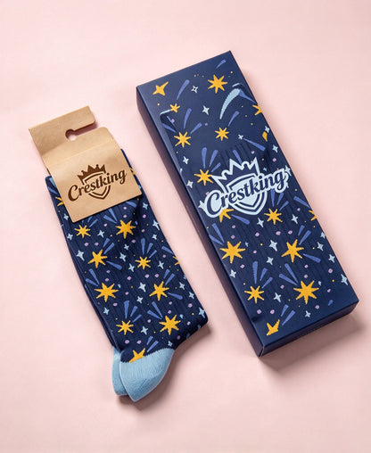 Crestking Star Pattern Crew Socks, Soft Breathable Novelty Mid Calf Socks for Men Women, Cute Starry Sky Dress Socks with Gift Box
