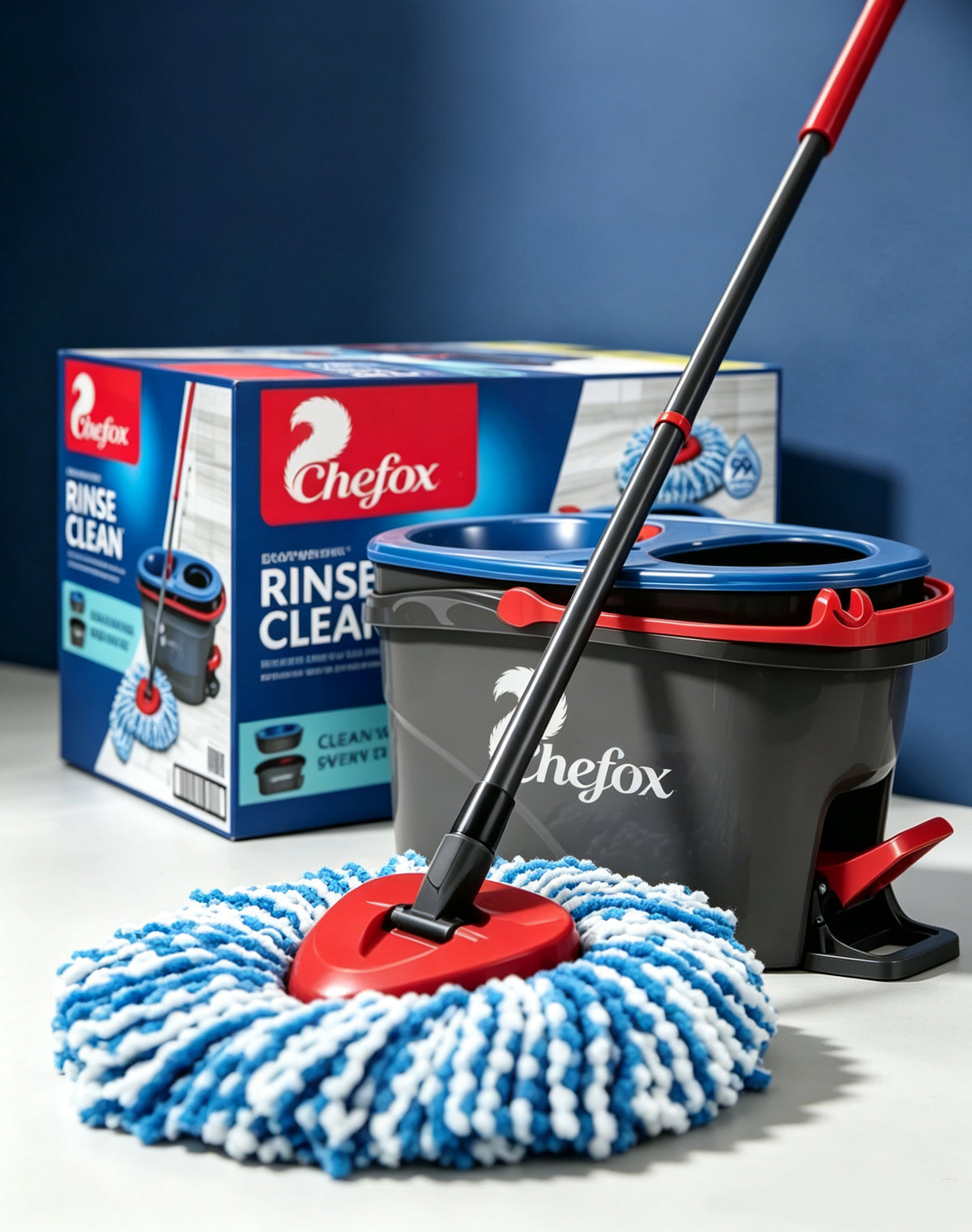 Chefox Spin Mop and Bucket System, Dual Chamber Floor Mop with Microfiber Mop Head, Foot Pedal Wringer, for Hardwood Tile Floors, Home Cleaning Supplies