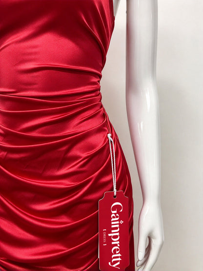 Gainpretty Women's Satin Slip Mini Dress, Square Neck Spaghetti Wide Strap Bodycon Ruched Short Dress, Cocktail Party Club Night Out Dresses