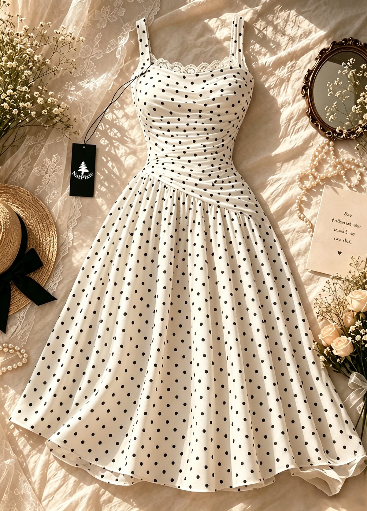 NatPixie Women's Spaghetti Strap Midi Dress, White Black Polka Dot Dress with Lace Trim, Ruched Waist Flowy A Line Summer Dress for Party Vacation