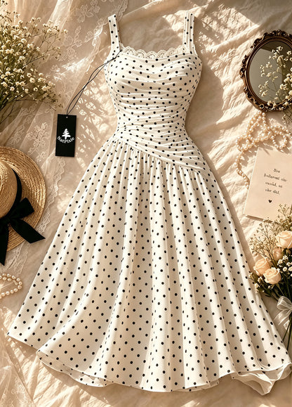 NatPixie Women's Spaghetti Strap Midi Dress, White Black Polka Dot Dress with Lace Trim, Ruched Waist Flowy A Line Summer Dress for Party Vacation