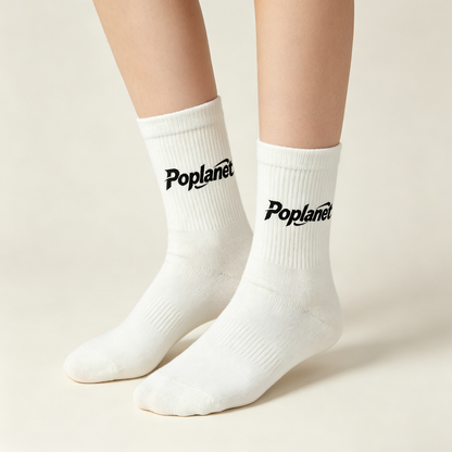 Poplanet Ribbed Crew Socks 5 Pairs Pack, Classic White Mid Calf Athletic Casual Socks, Breathable Soft Cotton Everyday Streetwear Socks for Men & Women