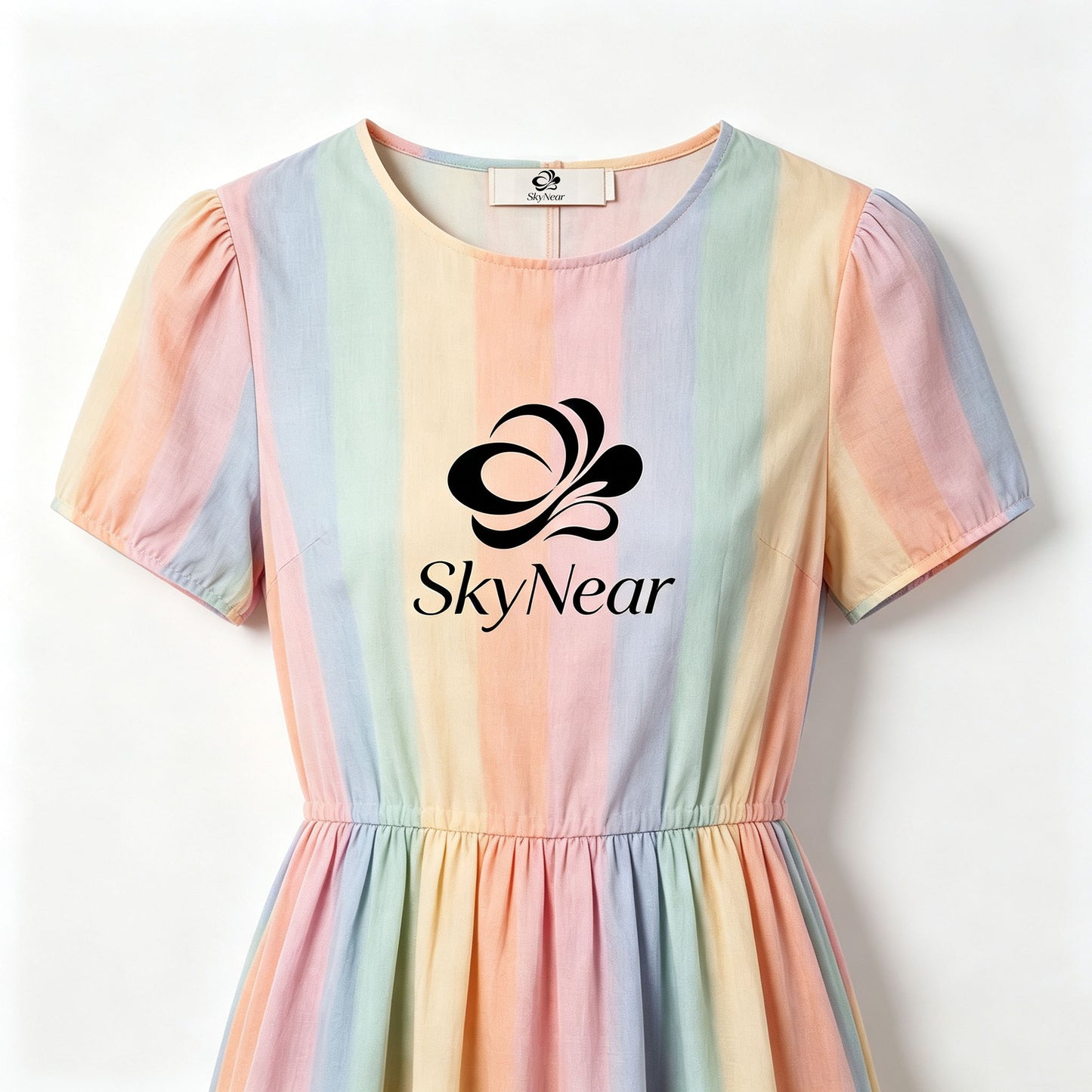 SkyNear Pastel Vertical‑Stripe Short Puff Sleeve Dress, Elastic Waist Flare Mini Dress